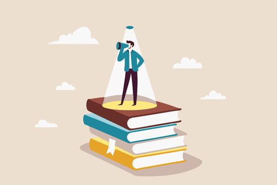 Knowledge is power, education or wisdom help solving problem, creativity, intelligence and innovation to develop solution concept, educated man stand on books staking turn on light bulb on his head.