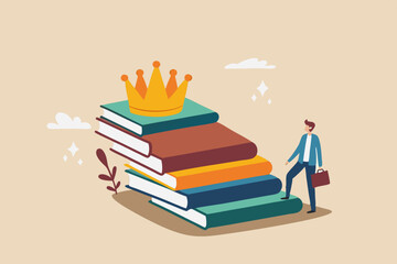 Education or knowledge steps to success, learning or study for skill development to achieve business success concept, businessman step up on stack of books as staircase to achieve crown at the top.