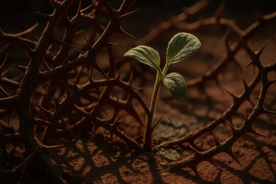 The Parable of the Sower: A tender shoot caught among dry, thorny weeds, their sharp shadows threatening in the late afternoon sun&mdash;symbolizing the struggle of faith amidst worldly distractions.

