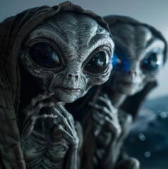Interstellar Guardians: A close-up reveals two extraterrestrial beings, their large, enigmatic eyes conveying a sense of profound curiosity and unknown wisdom, against a backdrop of an alien realm.