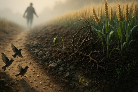 The Parable of the Sower: Four terrains&mdash;footpath with scattered seeds, rocky soil with a struggling sprout, thorny ground with a dying shoot, and fertile soil with lush wheat, as the sower walks in th