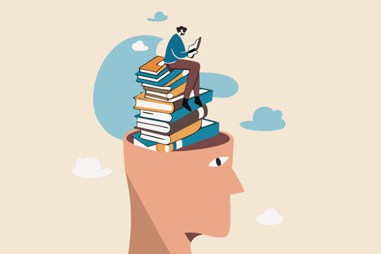 Reading books to gain knowledge, intelligence and thinking skill, lifelong learning, research and study for personal growth concept, calm learner man reading book on books stack growth from his head.