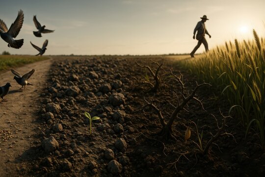 The Parable of the Sower: Four terrains&mdash;footpath with scattered seeds, rocky soil with a struggling sprout, thorny ground with a dying shoot, and fertile soil with lush wheat, as the sower walks in th