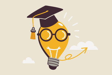 Education or knowledge is power to build creativity, idea or solution, academic or training course concept, genius bright lightbulb wearing eyeglasses and graduation hat or mortar board.