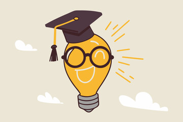 Education or knowledge is power to build creativity, idea or solution, academic or training course concept, genius bright lightbulb wearing eyeglasses and graduation hat or mortar board.