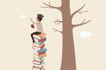 Building knowledge and skill for success opportunity and career growth, help create self-motivation and creativity, graduated woman climb stack of book and try reaching out mortarboard hanging on tree