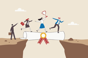 Education or business degree to help career growth, skill or knowledge for opportunity, training or diploma concept, businessman and woman walk on education degree scroll as bridge to cross the gap.