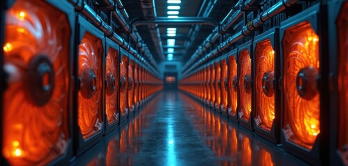 Long rows of cooling tower sets with cooling fans in data center room. Servers equipment in server room, high tech industry infrastructure. Modern technology, energy tech background, energy
