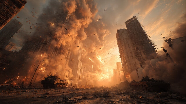 Apocalyptic Explosion in Destroyed Futuristic City with Giant Robot