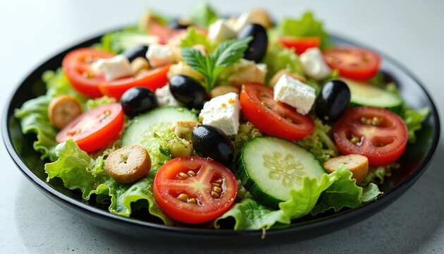 Vibrant Mediterranean salad colorful mix fresh ingredients. Crisp lettuce base topped with juicy cherry tomatoes, crunchy cucumber slices. Creamy feta cheese, black olives, croutons, parsley on dark