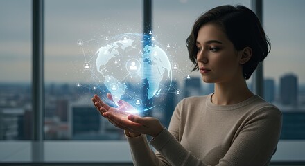 Global Networking and International Community Connection: Hands Holding a Hologram of a Globe with Interconnected People Icons for Global Business and Social Networking.