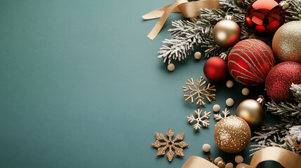 Red and Gold Christmas Ornaments with Snow-Covered Pine and Ribbons