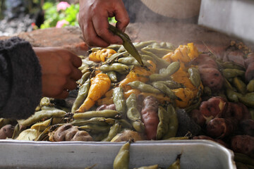 photography of traditional Peruvian food called Pachamanca. Food concept.