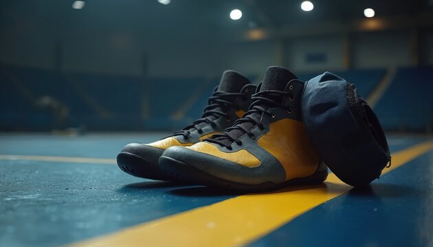 Wrestling shoes headgear sitting on mat ready for match. Black yellow sneakers, blue head protection on competition arena. Sport equipment for training, tournament. Modern design, pro sport gear.