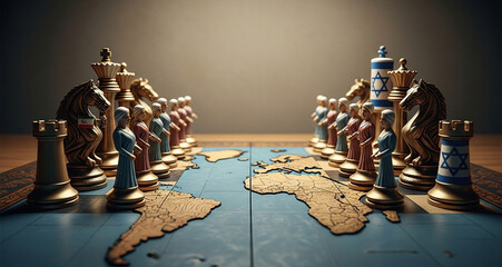Chess pieces placed on a world map game board, symbolizing global power struggles, strategic alliances, and political influence across international territories.