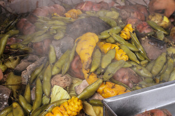 photography of traditional Peruvian food called Pachamanca. Food concept.