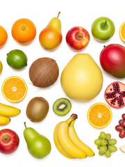 Top-down view of various colorful fruits arranged neatly, highlighting diversity, nutrition, and the visual appeal of a balanced, natural diet.