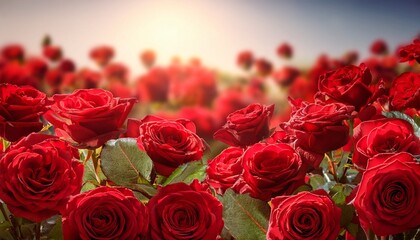 Fototapeta premium beautiful red roses field closeup floral border