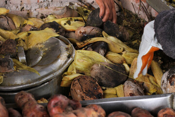 photography of traditional Peruvian food called Pachamanca. Food concept.