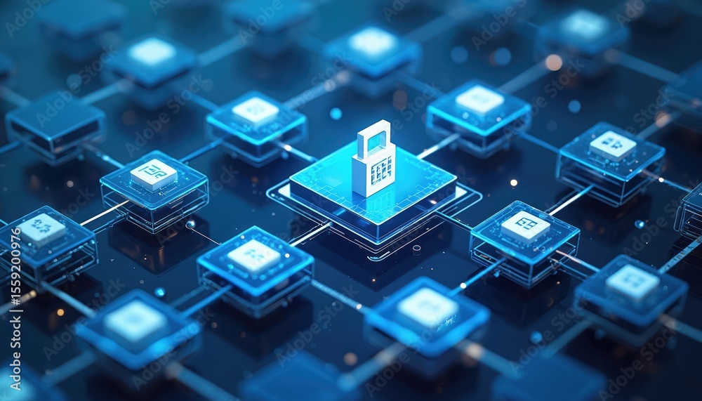 Poster Secure network architecture with layered defenses. Digital data protection concept represented with security lock. Cloud computing concept, data encryption, safe internet, modern technology.