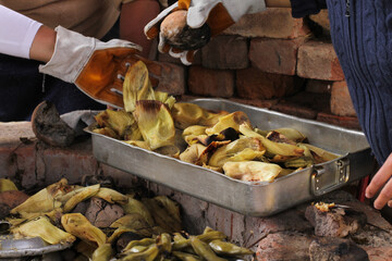 photography of traditional Peruvian food called Pachamanca. Food concept.