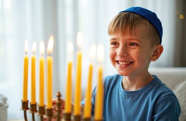 Happy young boy lights menorah candles celebrating Hanukkah at home. Joyful child wears kippah. Traditional jewish holiday of lights, religious family celebration of nine-branch candelabrum.
