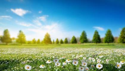 beautiful blurred spring background nature with blooming glade chamomile trees and blue sky on a sunny day