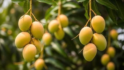 Golden ripe mangoes dangle from sturdy branches, creating a vivid contrast against the green foliage, capturing the essence of a tropical harvest season.