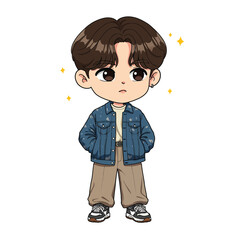 K-Pop Chibi Male Character in Denim Jacket with Sparkles Vector