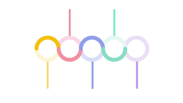 Linked circles in a horizontal diagram format with vertical lines, depicting network relationships, system integration, or communication paths