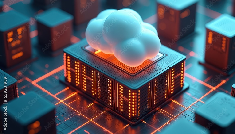 Aufkleber Cloud computing concept. Data center servers, network technology. Cloud-shaped icon on top of server, servers around. Global data storage, cyberspace, modern digital infrastructure. Concept for