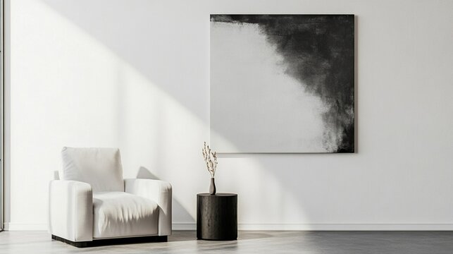 A well-designed minimalist living space featuring a sleek white armchair beside a stylish table with decorative elements, enhancing modern interior aesthetics and tranquility.