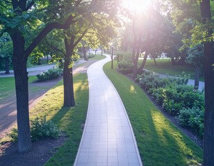 Obraz premium landscape with a walking path through a park, trees, and sunlight, promoting outdoor activity and wellness