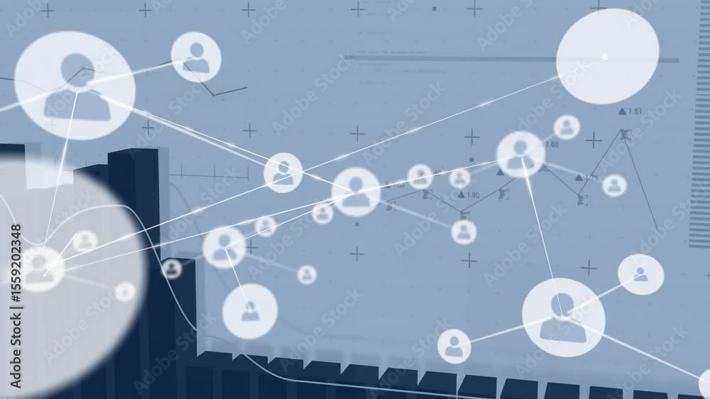 Poster on bar chart rising, circular avatar nodes emerging and linking while visualizing expanding network