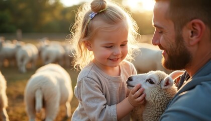 Adorable toddler girl and young father pet sheep on family farm. Happy baby child petting animals. Man, daughter together outdoors on weekend. Father daughter moments at petting zoo.
