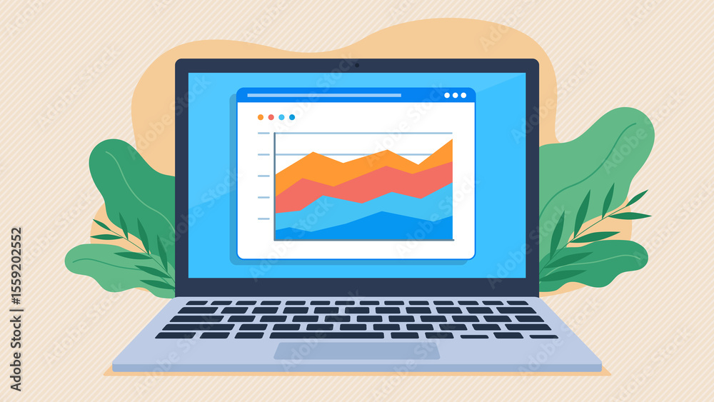 Fototapete Chart with marketing results.  Laptop with data. Stock chart on a website on a laptop screen. Illustration graphics in flat design style.
