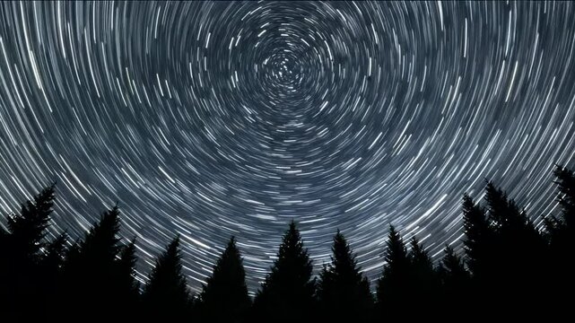 A stunning long-exposure shot captures swirling star trails above a silhouette of pine trees, evoking the magic of the cosmos and celestial navigation Astrophotography circumpolar stars