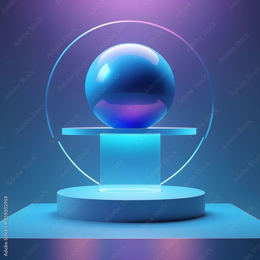 Fototapete a futuristic 3d holographic podium with a neon blue sphere on an abstract background. modern and min