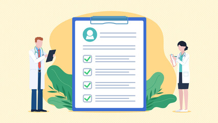 Obraz premium Patient health analysis. Flat design illustration. Doctors standing by the checklist with patient data. Document with test results. Doctor with tablet and doctor with notebook. Test and result. 