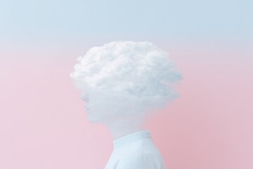 Surreal portrait of a young man with a cloud as a head symbolizing dreams and imagination