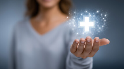 A woman's hand holding a health insurance symbol