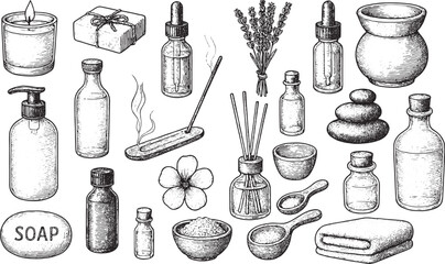 Discover a hand-drawn collection of spa essentials including soaps, oils, candles, and herbs for relaxation and wellness