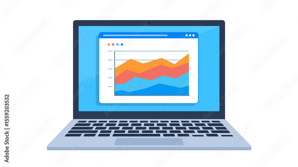 Fototapete Laptop with data. Stock chart on a website on a laptop screen. Illustration graphics in flat design style. Chart with marketing results. 