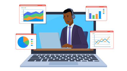 Flat design illustration.  Office and data analysis. Charts with marketing results and stock market. Employee in headset on laptop screen works and analyzes data and charts.