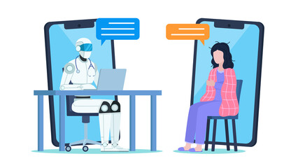 Sick woman connects to teleconsultation with ai application.  AI doctor bot working on laptop and talking to patient. Medical help of the future. Flat design illustration. 