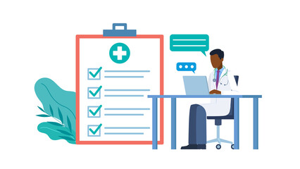 Illustartion graphics in flat design style. There is a speech bubble next to the character and laptop. Next to the doctor is a list with marked answers. 