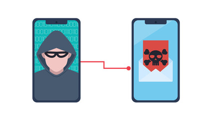 Hacker sends emails with a virus. On the screen of a mobile phone a hacker who takes control of another phone. Email with a virus.  Flat design illustration. A man in a mask and hood. 