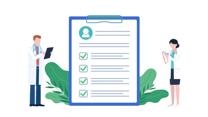 Patient health analysis. Flat design illustration. Doctors standing by the checklist with patient data. Document with test results. Doctor with tablet and doctor with notebook. Test and result. 