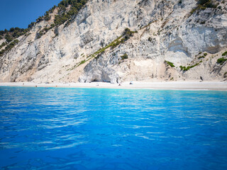 Boats viewpoint of the beautiful Egremni beach on the island of Lefkada with blue sea, Greece<