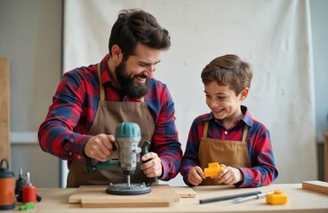 Obraz premium Happy father son duo working carpentry workshop. Father teaches little son wood working techniques, uses power tools. Boy holds wooden details, smiles. Carpentry hobby concept. Family time together.